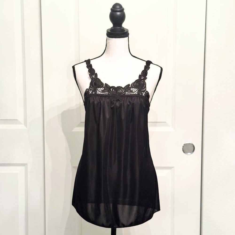Black Camisole Tank Top with Embroidered Neckline by Sparkle, Size Small